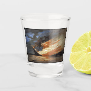 Rebel Civil War flagship on Fire of American flag Shot Glass