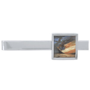 Rebel Civil War flagship on Fire of American flag Silver Finish Tie Bar
