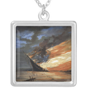 Rebel Civil War flagship on Fire of American flag  Silver Plated Necklace