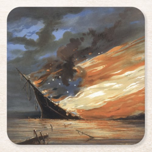 Rebel Civil War flagship on Fire of American flag  Square Paper Coaster