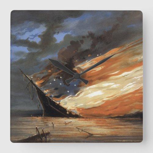 Rebel Civil War flagship on Fire of American flag Square Wall Clock