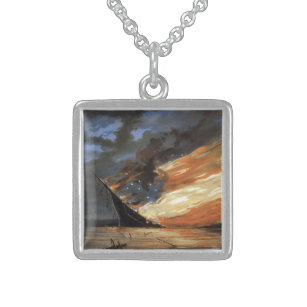 Rebel Civil War flagship on Fire of American flag Sterling Silver Necklace