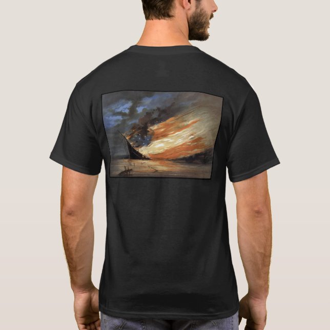 Rebel Civil War flagship on Fire of American flag T-Shirt (Back)
