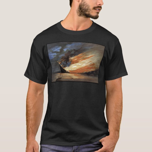 Rebel Civil War flagship on Fire of American flag T-Shirt (Front)