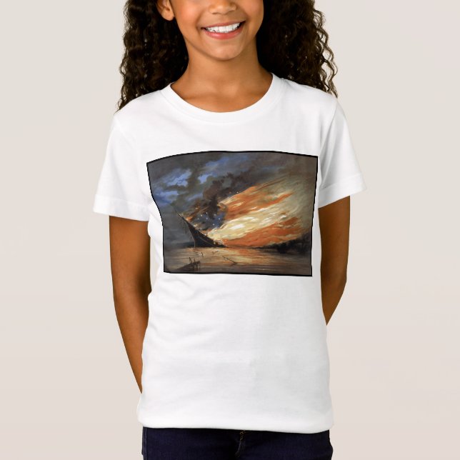 Rebel Civil War flagship on Fire of American flag T-Shirt (Front)