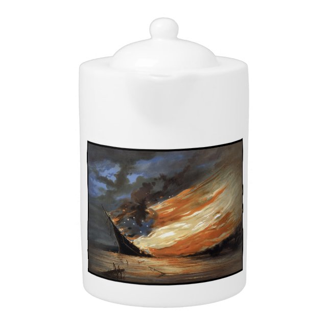 Rebel Civil War flagship on Fire of American flag  Teapot (Front)