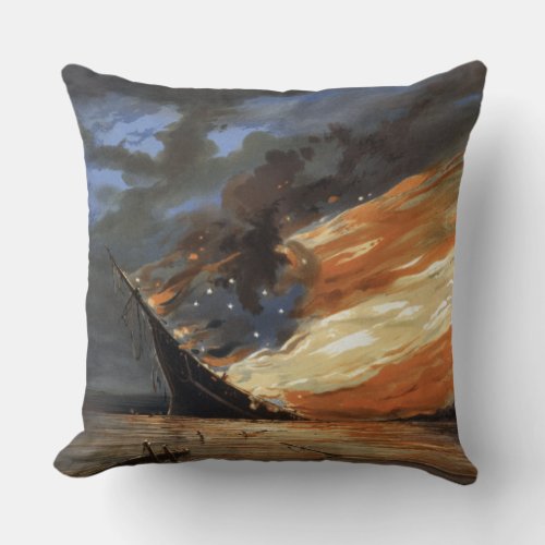 Rebel Civil War flagship on Fire of American flag  Throw Pillow