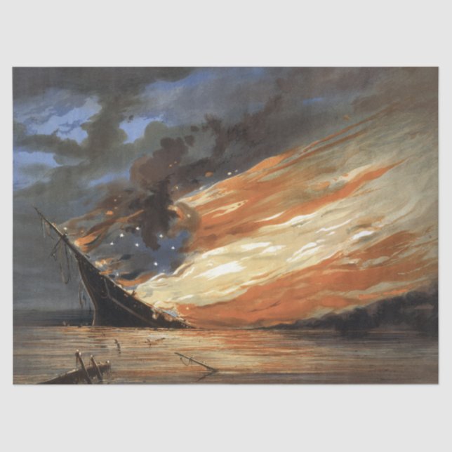 Rebel Civil War flagship on Fire of American flag Tissue Paper (Front)