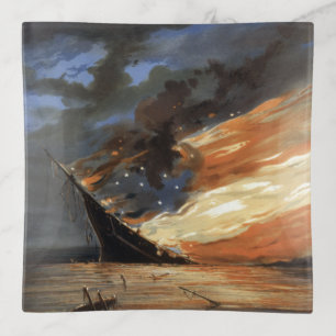 Rebel Civil War flagship on Fire of American flag Trinket Tray
