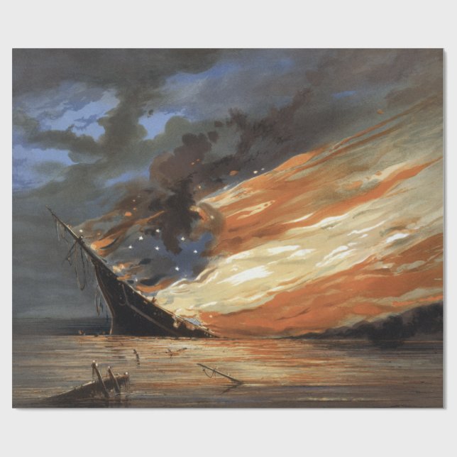 Rebel Civil War flagship on Fire of American flag  Wrapping Paper (Flat)