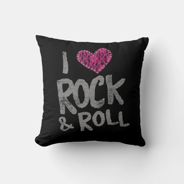 Rebel Kids Rock & Roll Pink Lace Heart Black Throw Pillow (Front)