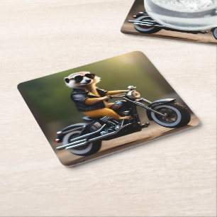 Rebel Meerkat: Leathers, Sunglasses and Motorbike Square Paper Coaster