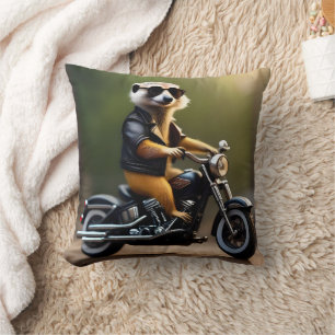 Rebel Meerkat: Leathers, Sunglasses and Motorbike Throw Pillow