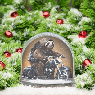 Rebel Sloth: A Leather-Clad Sloth Riding Motorbike Snow Globe
