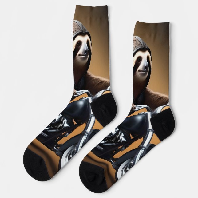 Rebel Sloth: A Leather-Clad Sloth Riding Motorbike Socks (Left)