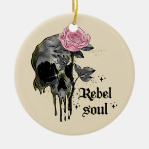 Rebel Soul - Gothic Skull with Pink Rose Ceramic Ornament