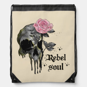 Rebel Soul - Gothic Skull with Pink Rose Drawstring Bag