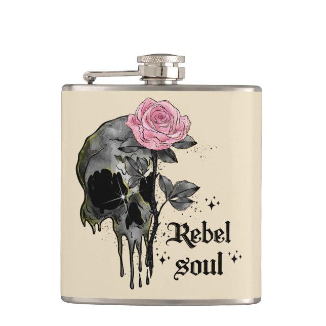 Rebel Soul - Gothic Skull with Pink Rose Flask (Front)