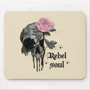 Rebel Soul - Gothic Skull with Pink Rose Mouse Pad