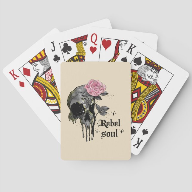 Rebel Soul - Gothic Skull with Pink Rose Poker Cards (Back)