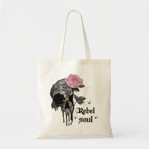 Rebel Soul - Gothic Skull with Pink Rose Tote Bag