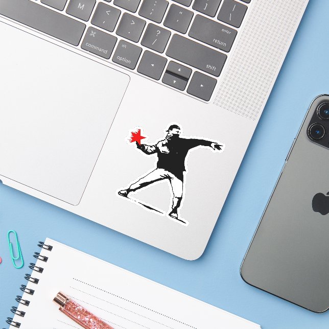 Rebel Throwing Flaming Star Street Art Sticker (Laptop w/ iPhone)