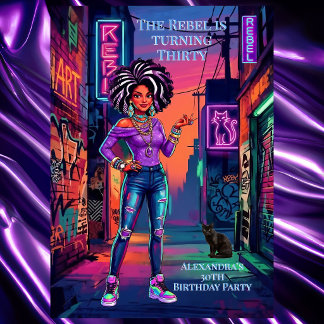 Rebel Woman Birthday Graffiti Neon Purple Alleyway Invitation