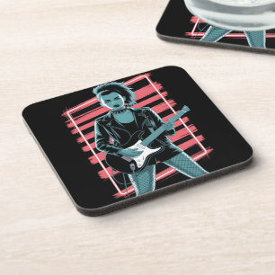 Rebellious Rock Star: Female Guitarist in Leather Beverage Coaster