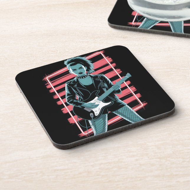 Rebellious Rock Star: Female Guitarist in Leather  Beverage Coaster (Left Side)