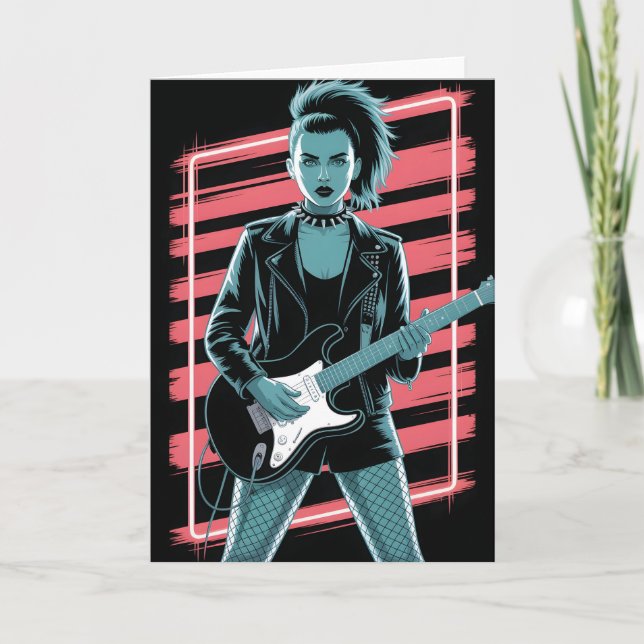 Rebellious Rock Star: Female Guitarist in Leather  Card (Front)