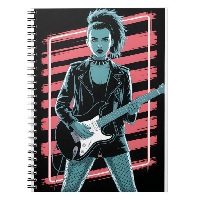 Rebellious Rock Star: Female Guitarist in Leather  Notebook (Front)