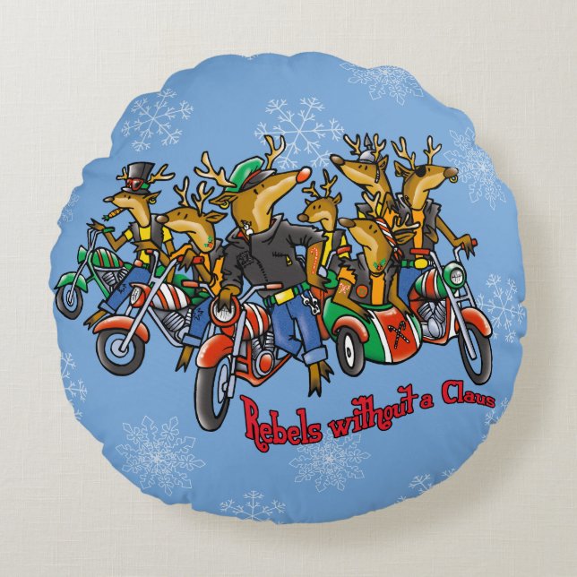 Rebels without a Claus Reindeer Blue Holiday Round Pillow (Front)