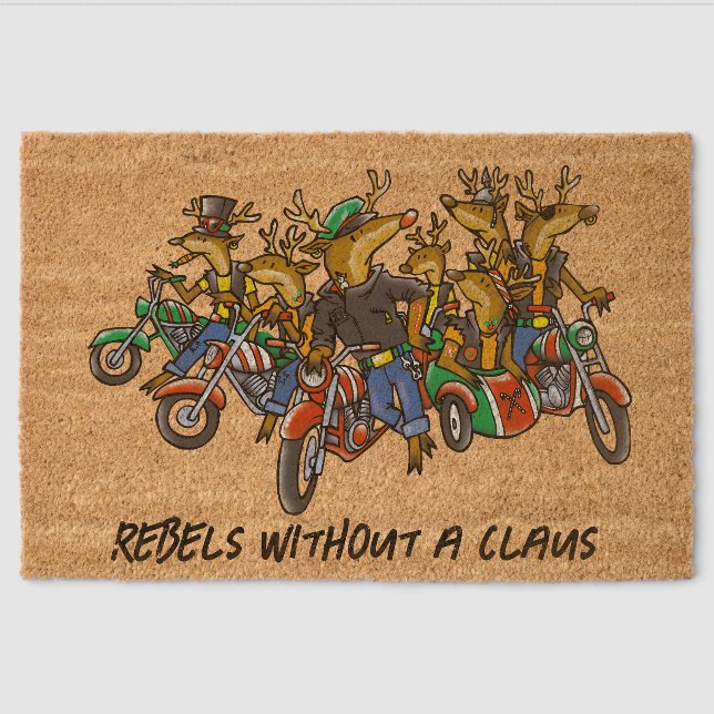 Rebels without a Claus Reindeer Holiday Cartoon Fiber Doormat (Front)