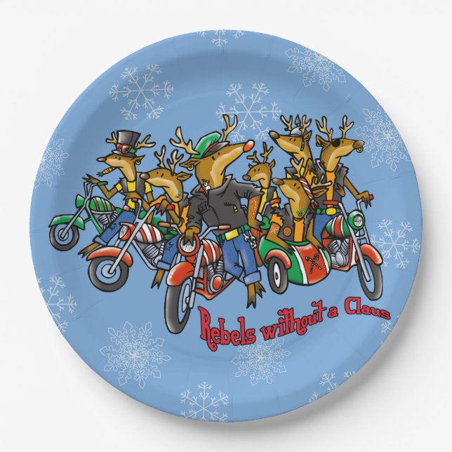 Rebels without a Claus Reindeer Holiday Cartoon Paper Plates (Front)