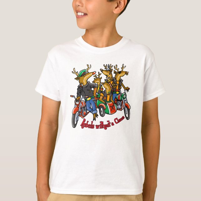 Rebels without a Claus Reindeer Holiday Cartoon T-Shirt (Front)