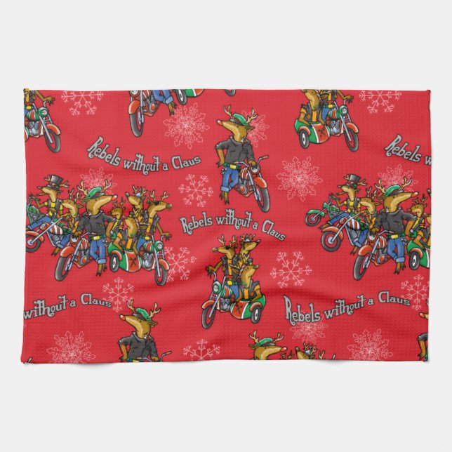 Rebels without a Claus Reindeer Red Holiday Kitchen Towel (Horizontal)