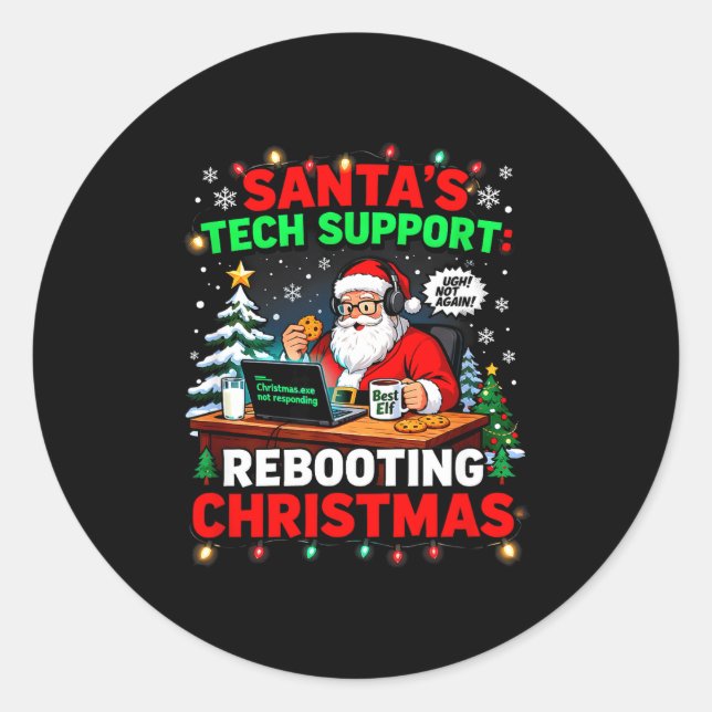 Rebooting Funny Santa's Tech Suprt Christmas Compu Classic Round Sticker (Front)