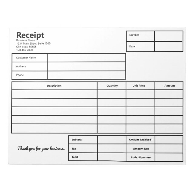 Receipt Black and White Simple Business Template Notepad (Front)