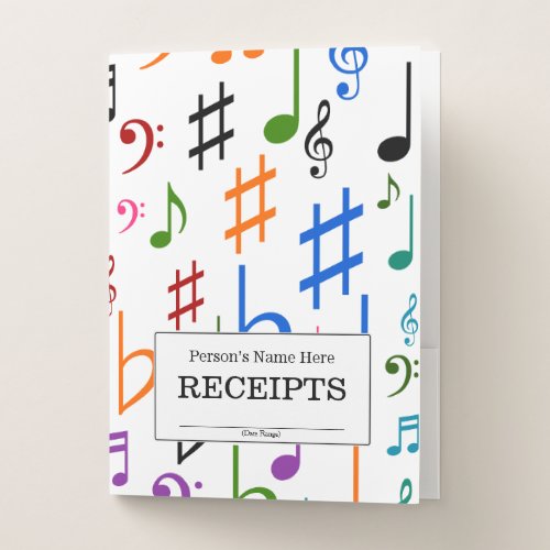 RECEIPTS  Many Colorful Music Notes and Symbols Pocket Folder