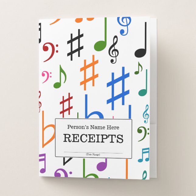 "RECEIPTS" + Many Colorful Music Notes and Symbols Pocket Folder (Front)