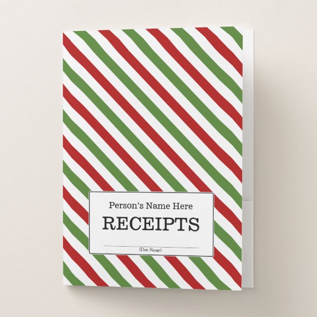 "RECEIPTS" + Red, White & Green Striped Pattern Pocket Folder (Front)