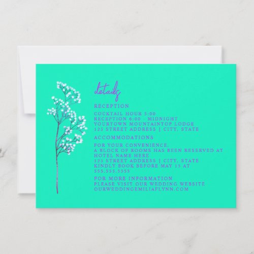 Reception Accommodation Neon Blue Wedding Details Invitation