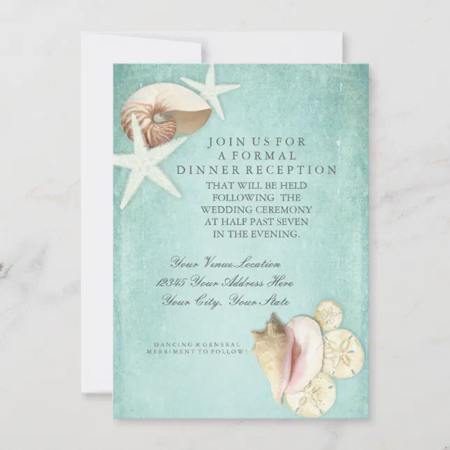 Reception Beach Seashore Shells Ocean Destination Invitation | Zazzle