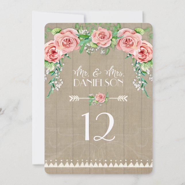 Reception BOHO Table Number Baby's Breath Roses (Back)