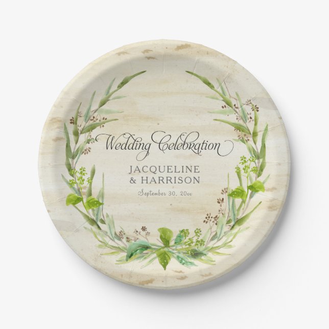 Reception BOHO Wreath Leaf Birch Wood Rustic Fall Paper Plates (Front)