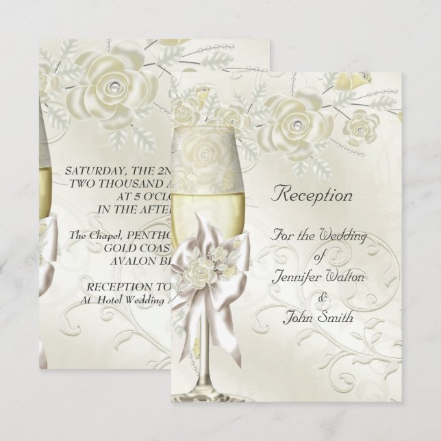 Reception Card Wedding Gold Cream Pearl Floral (Front/Back)