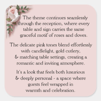 Reception Ceremony - Pink Roses & Doves Square Sticker