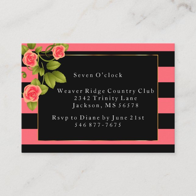Reception - Coral Roses on Coral and Black Stripes Enclosure Card (Front)
