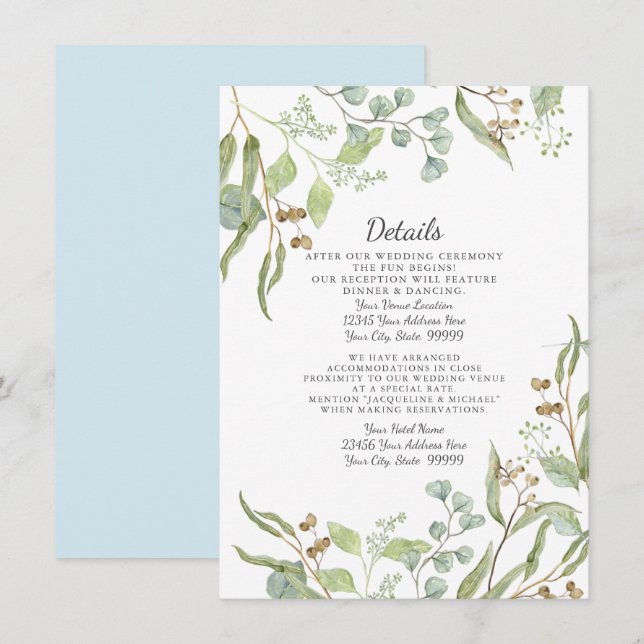 Reception Details Rustic Eucalyptus Foliage Blue Invitation (Front/Back)