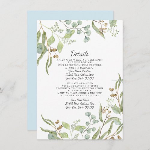 Reception Details Rustic Eucalyptus Foliage Blue Invitation